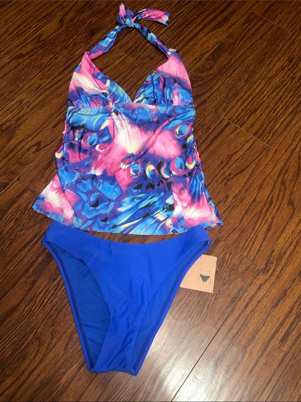 ABS Allen Schwartz Blue Pink Floral Print Tankini with Blue Shade & Shore Bottom